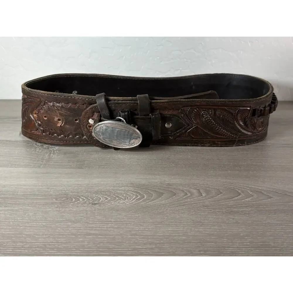 Vintage Mexican Tooled Leather Belt Western Cowboy Cartridge Holster Belt 36”